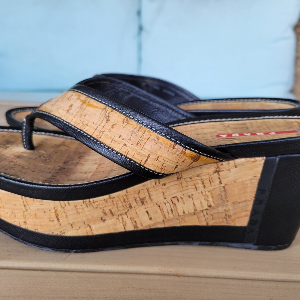 Prada Black and Tan Wedge Sandals